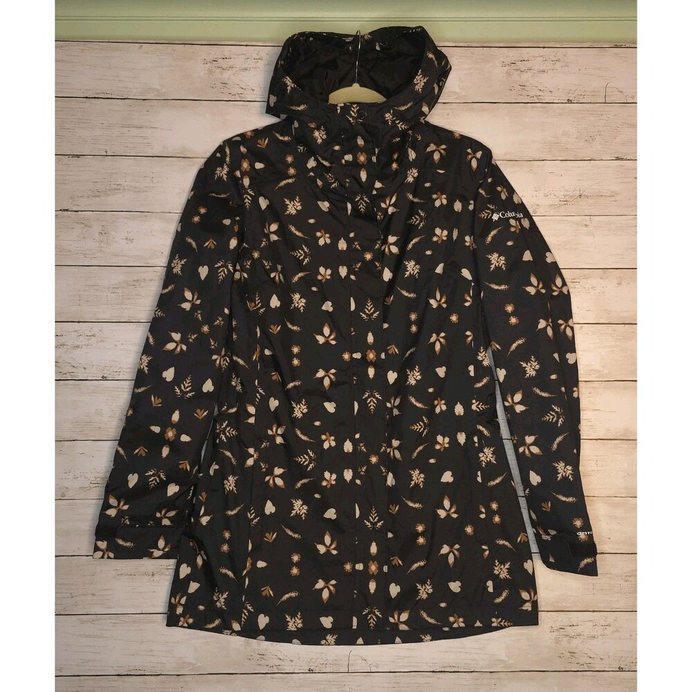 Columbia Rain Jacket Medium Black Floral Print Omni-Tech Waterproof Arcadia II